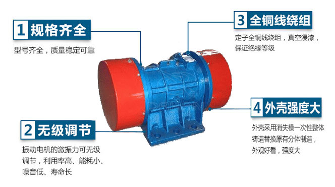 VB振動(dòng)電機(jī)特點(diǎn)：1，規(guī)格齊全：型號(hào)齊全，質(zhì)量穩(wěn)定可靠。2，無極調(diào)節(jié)：振動(dòng)電機(jī)的激振力可無極調(diào)節(jié)，利用率高，能耗小，噪音低，壽命長。4，外殼輕度大：外殼采用消失模一次性整體鑄造替換原有分體制造，外觀好看，強(qiáng)度大。